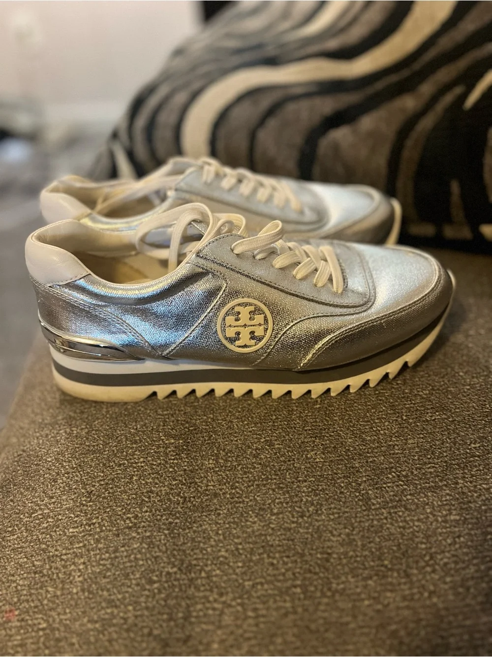 Tory Burch Silver Metallic Platform Lace-Up Sneakers